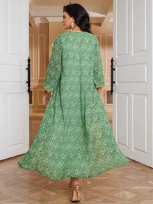 Women's Floral Printed Arabic Style Two Piece Dress Set - Green - View 7