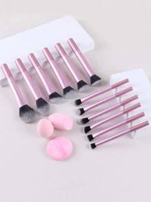 12pcs Multi-Functional Makeup Brush Set - Powder, Blusher, Foundation, Eyeshadow, Contour Brushes + Angled Makeup Sponge, Round Makeup Sponge, Pink Makeup Puff