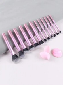 12pcs Multi-Functional Makeup Brush Set - Powder, Blusher, Foundation, Eyeshadow, Contour Brushes + Angled Makeup Sponge, Round Makeup Sponge, Pink Makeup Puff