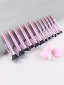 12pcs Multi-Functional Makeup Brush Set - Powder, Blusher, Foundation, Eyeshadow, Contour Brushes + Angled Makeup Sponge, Round Makeup Sponge, Pink Makeup Puff