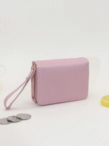 时尚印花三折钱包，带多个卡槽、隔层和链带，女士多功能小钱包 - 粉色 - 查看 6