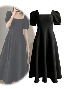 Vestido Elegante de Verano para Mujer de Unicolor, Vestidos Transpirables Cómodos Casuales de Verano para Mujer, Vestidos Ajustadoss para Mujer 2025 - Negro - Ver 5