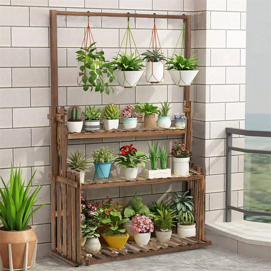 3 Tiers Wood Plant Stand Hanging Shelf Garden Living Room Flower Pots Tall Planter Display Rack Storage Stand For Multiple Plants Balcony - Coffee Brown - View 1