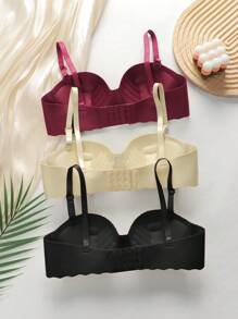 3 PIEZAS Sujetador push up de copas pequeñas para mujer, sujetador sin costuras y sin aros, sujetador sin tirantes, lencería sexy cómoda y transpirable con copa gruesa y suave, sujetador unicolor simple para uso diario, ropa interior deportiva con cierre trasero y tirantes ajustables y desmontables