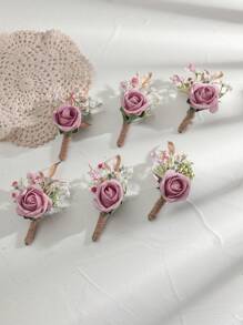 6pcs Rose Flower With Green Plant Romantic Floral Brooch Set, Suitable For Wedding Decor, Events, Formal Parties Valentine's Day