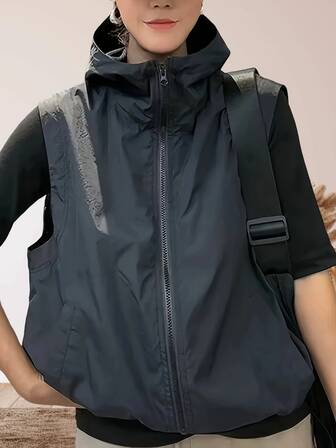 Primavera/Verão Nova Moda Versátil Mulheres Casual Solto Sem Mangas Com Zíper Com Capuz Colete Leve