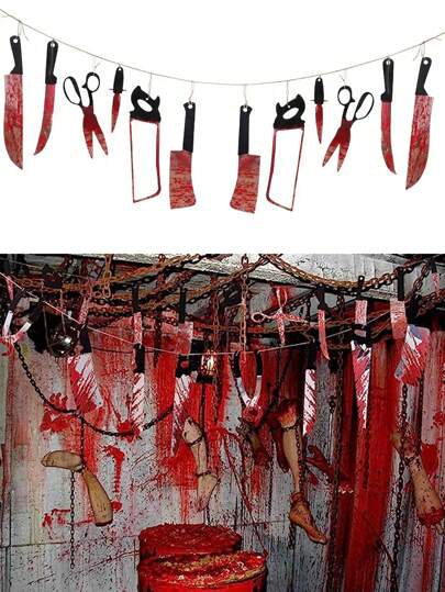 万圣节武器PVC血刀锯酒店KTV鬼屋恐怖酒吧恐怖道具装饰拿铁诡计挂件横幅，血腥花环横幅万圣节僵尸吸血鬼派对装饰用品，圣诞节
