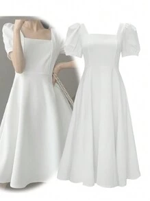 Vestido Elegante de Verano para Mujer de Unicolor, Vestidos Transpirables Cómodos Casuales de Verano para Mujer - Blanco - Ver 9