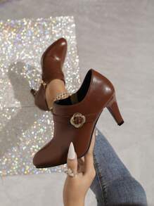 Women's High Heel Ankle Boots, Pointed Toe, Side Zipper, Soft Leather, Brown, For Spring Autumn - Brown - View 5