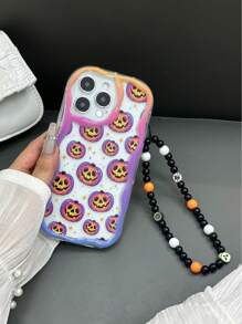 Halloween pompoenlantaarn geschilderd crèmekleurige golvende rand glanzend geschilderd anti-val telefoonhoesje, inclusief handgemaakte kralen armband, compatibel met XR/7/8, 15 Pro Max, 13, 14, 11, zachte TPU anti-val hoes, geschikt voor Galaxy S24, Galaxy S24+, Galaxy S24 Ultra, Galaxy S22, Galaxy A13 4G, Galaxy A52, A52s 5G, Galaxy A23, Galaxy A35, Galaxy A25, Galaxy A73, Redmi Note 11, 11 Lite
