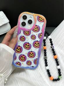 Halloween pompoenlantaarn geschilderd crèmekleurige golvende rand glanzend geschilderd anti-val telefoonhoesje, inclusief handgemaakte kralen armband, compatibel met XR/7/8, 15 Pro Max, 13, 14, 11, zachte TPU anti-val hoes, geschikt voor Galaxy S24, Galaxy S24+, Galaxy S24 Ultra, Galaxy S22, Galaxy A13 4G, Galaxy A52, A52s 5G, Galaxy A23, Galaxy A35, Galaxy A25, Galaxy A73, Redmi Note 11, 11 Lite