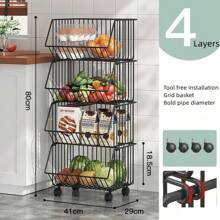 Cesta de 4/5 niveles para frutas y verduras, carrito de aperitivos, cesta de almacenamiento de frutas y verduras apilable con ruedas, cesta de almacenamiento de alambre metálico, carrito de almacenamiento, adecuado para cocina, despensa, baño y decoración exterior - Negro - Ver 9