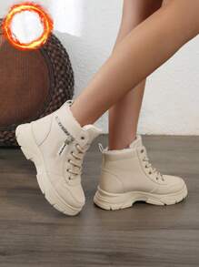 Women's White Shoes, Casual Shoes, Sports Shoes, 2024 Winter New Item With Added Fleece Warmth, Outdoor Thick Sole Height Increase, Fashionable And Versatile Vacation Style, Student Outdoor Hiking Skateboarding Shoes, Flat Chunky Sneakers, Snow Boots, Women's Shoes