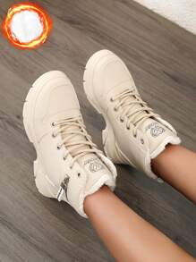 Women's White Shoes, Casual Shoes, Sports Shoes, 2024 Winter New Item With Added Fleece Warmth, Outdoor Thick Sole Height Increase, Fashionable And Versatile Vacation Style, Student Outdoor Hiking Skateboarding Shoes, Flat Chunky Sneakers, Snow Boots, Women's Shoes