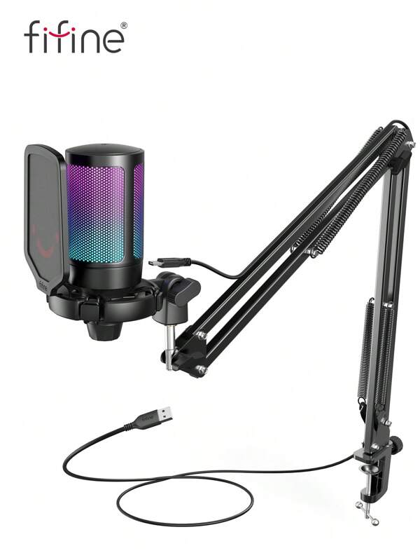 FIFINE Microfone USB para PC Gamer, Microfone Condensador de Podcast com Braço Articulado, Filtro Anti-POP, Botão de Mudo para Transmissão, Gravação de Vídeo, Twitch, Chat Online, Microfone de Computador RGB Compatível com PC Gamer Youtuber - FIFINE A6T