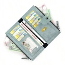 双拉链折叠式 PU 皮革硬币多卡槽手拿包双折拉链扁平纹理多卡槽硬币钱包小包（所有印刷字母随机）女士钱包钱包钱包长钱包 - 淺藍色 - 查看 6