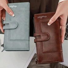 双拉链折叠式 PU 皮革硬币多卡槽手拿包双折拉链扁平纹理多卡槽硬币钱包小包（所有印刷字母随机）女士钱包钱包钱包长钱包 - 淺藍色 - 查看 4