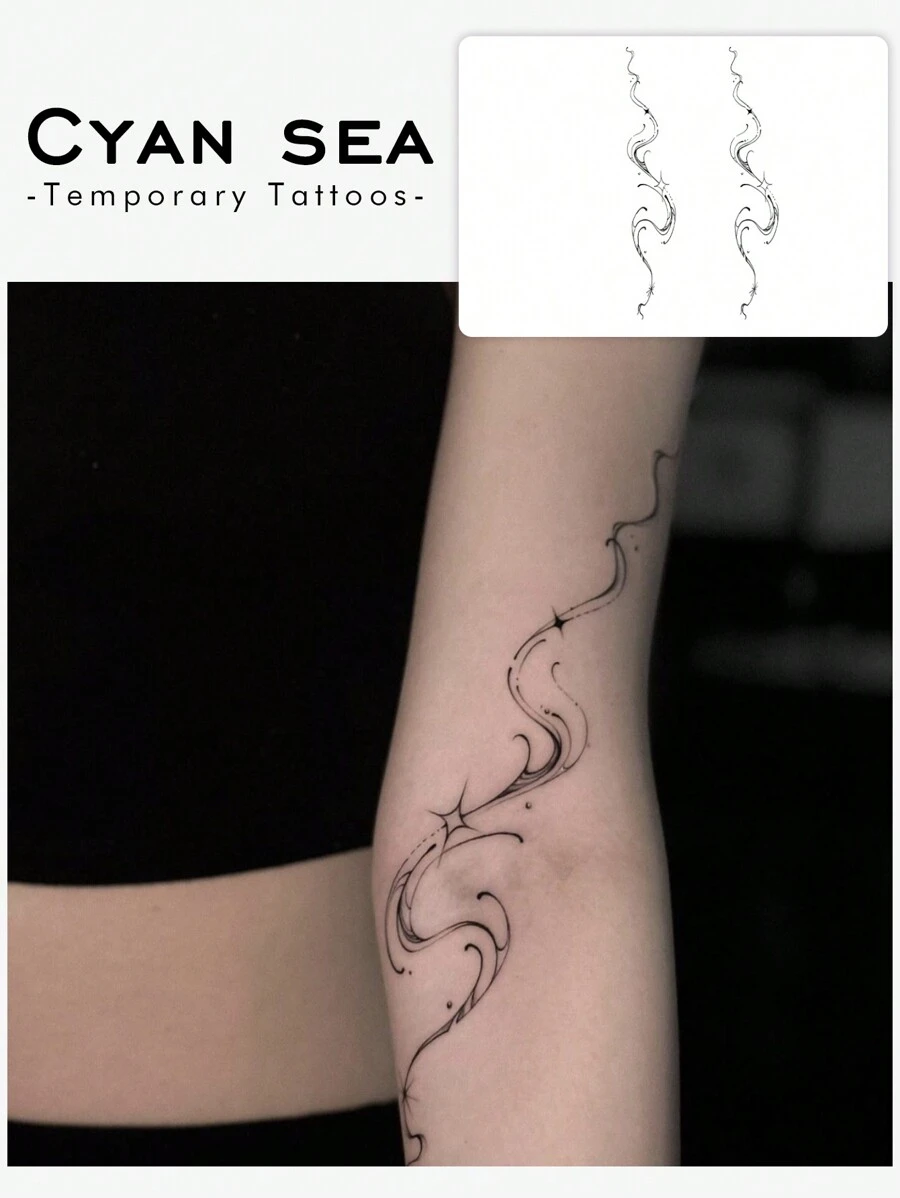 1pc Waterproof, Sweat-Proof, Washable, Non-Reflective Temporary Tattoo Sticker - Starry Shimmer Design, Suitable For People - Black - View 1