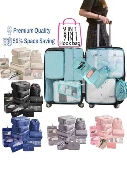 1/9pcs Travel Organizer, Foldable Storage Bag, Cosmetic Bag, Toiletry Bag, Beach Bag, Makeup Brush Bag, Makeup Bag, Skincare Bag, Travel Storage Pouch, Shoe Bag, Underwear Bag, Lightweight Luggage, Drawstring Bag, Coin Purse, Packing Cubes For Traveling Bag For School School Accessories School Stuff