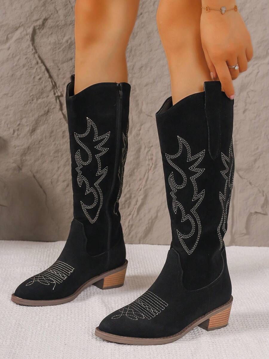 Women's Black Classic Embroidered Pointed Toe Elegant Western Retro All Season Punk Knee High Boots - Black - View 1