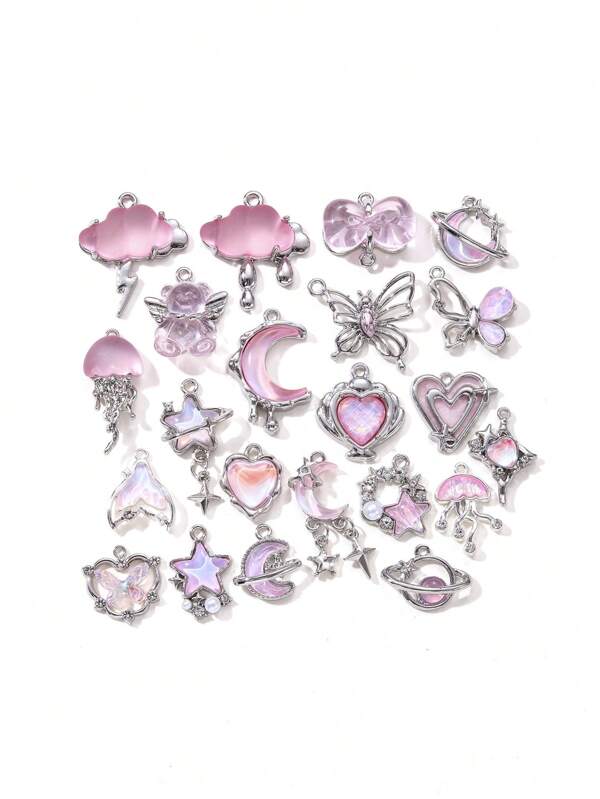 10/20pcs Random Styles Romantic Pink Pendants Collection - Heart, Moon, Bow-Knot, DIY Jewelry Accessories Valentines