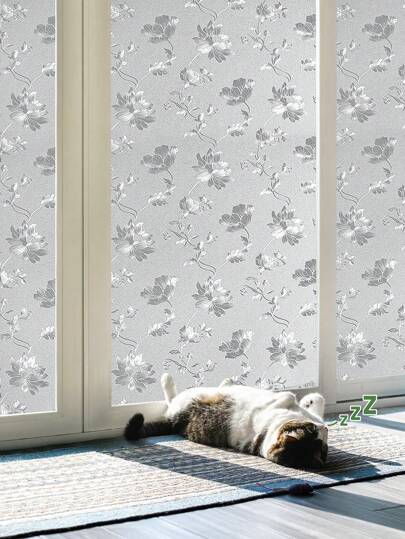  1卷复古花卉图案窗户隐私膜，3D磨砂花卉静电吸附膜，无粘性可重复使用，适用于家庭、厨房、客厅（17.53*118英寸）