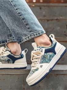 男士时尚森林油画风格撞色前系带休闲运动鞋，设计独特 - 藍色 - 查看 3