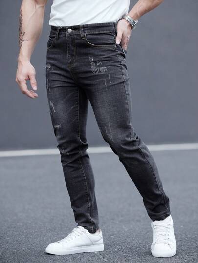 Men's Black Retro Casual Button Zipper Washed Denim Jeans
