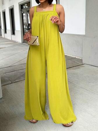 女士纯色褶皱阔腿休闲连体裤，宽松版型，秋季