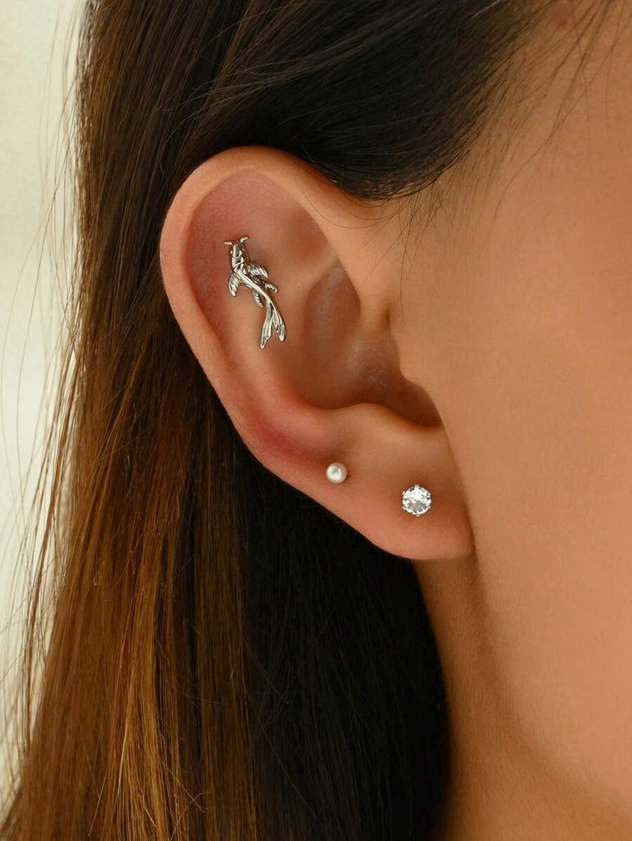 3 đôi Bông tai Zirconia thiết kế hình cá nhỏ tinh tế dành cho nữ, trang sức bằng đồng - Bạc - Xem 1