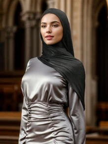 1pc Solid Color Metallic Shiny Hijab Turban With Elastic Band, Year-Round Wear - Island Wrinkle - View 8