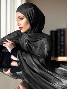 1pc Solid Color Metallic Shiny Hijab Turban With Elastic Band, Year-Round Wear - Island Wrinkle - View 1