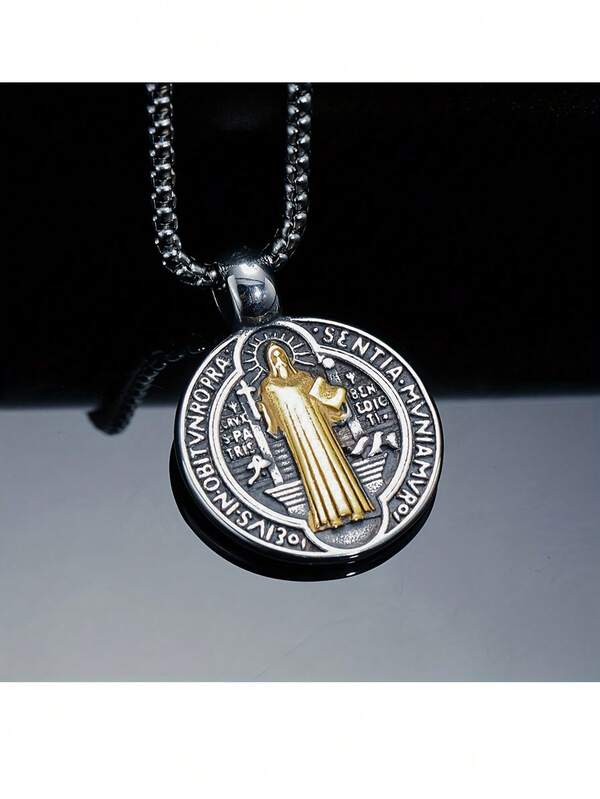 1pc Vintage Round Double-Sided St. Benedict Pendant Necklace With Stainless Steel Chain, Suitable For Everyday Wear Of Tolerance & Redemption