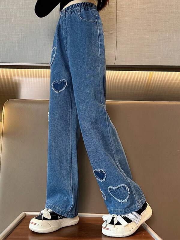 1 peça Denim Perna Larga com Bolsos em Formato de Coração para Meninas Pré-adolescentes, Outono e Inverno