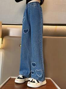 Tween Girl 心形口袋阔腿牛仔裤，秋冬季，1 件 - 藍色 - 查看 3