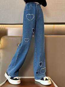 Tween Girl 心形口袋阔腿牛仔裤，秋冬季，1 件 - 藍色 - 查看 2