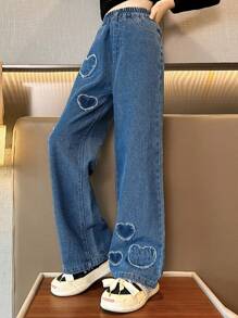 Tween Girl 心形口袋阔腿牛仔裤，秋冬季，1 件 - 藍色 - 查看 4