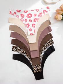 Set de 7 piezas/paquete de bragas de bikini sin costuras con talle bajo, estampado sexy de labios rojos, cómodas y adecuadas para fitness y deporte