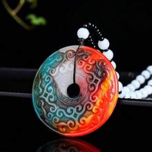 1pc Natural Jade Peace Pendant Necklace, Colorful Gem Retro Pendant, Guardian Peace Fashion Necklace, Good Luck Fortune Sweater Chain, All Handmade, Natural Gem Jewelry, Quartz Crystal Necklace, Couple Necklace, Gift For Her, Suitable For Holiday Party Gifts, Quartz Crystal Gifts.(Complimentary: Lanyard, Gift Box) - Red Color - View 4