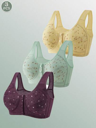 3pcs/Pack Front Closure Soft  Middle-Aged & Elderly Plus Size Non-Wired Breathable Bras For Women
