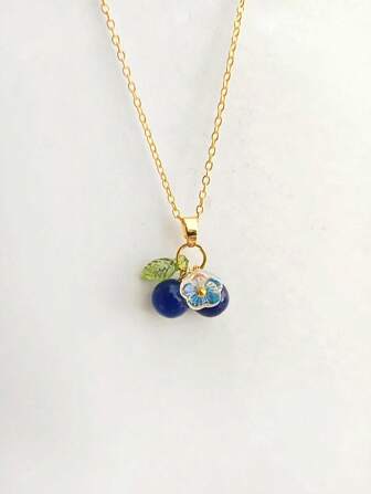 1pc Elegant Blueberry Pendant Necklace With Glass Fruit Charm And Acrylic Leaf, Suitable As Birthday Gift For Women & Girls