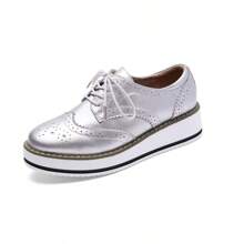 Women's Platform Lace-Up Wingtips Square Toe Oxfords Shoe Women's Platform Lace-Up Wingtips Square Toe Oxfords Shoe - 銀色皮革 - 查看 1