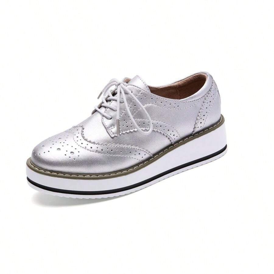 Women's Platform Lace-Up Wingtips Square Toe Oxfords Shoe Women's Platform Lace-Up Wingtips Square Toe Oxfords Shoe - 銀色皮革 - 查看 1