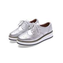 Women's Platform Lace-Up Wingtips Square Toe Oxfords Shoe Women's Platform Lace-Up Wingtips Square Toe Oxfords Shoe - 銀色皮革 - 查看 4