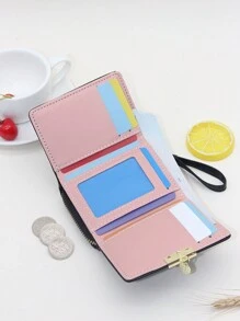 时尚印花三折多卡槽链条隔断多功能便携迷你女士钱包 - 黑色 - 查看 4