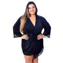 Sexy Plus Size Microfiber Robe With Satin Bow For Bride With Lace Details Half Sleeve - Black - View 1