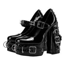 Women's Gothic Large Size Black Patent Leather Buckle Belt Ring Rivet Shinny Sexy Platform Chunky High Heels Ankle Strap Heeled Bootie Shoes - 黑色 - 查看 1