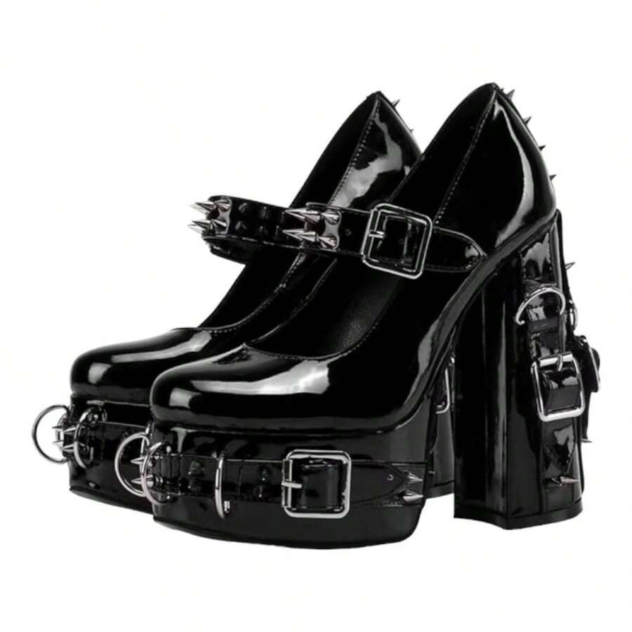 Women's Gothic Large Size Black Patent Leather Buckle Belt Ring Rivet Shinny Sexy Platform Chunky High Heels Ankle Strap Heeled Bootie Shoes - 黑色 - 查看 1