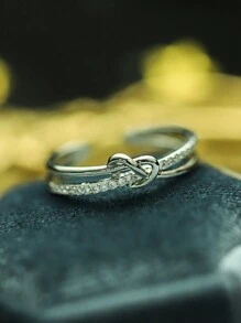 1 chiếc nhẫn hở bằng đá Rhinestone màu đồng và bạc thắt nút tinh tế, thích hợp cho trang phục hàng ngày, tiệc tùng và tụ tập - Bạc - Xem 5