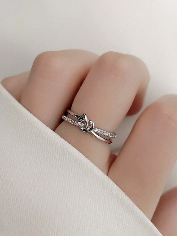 1pc Exquisite Knotted Criss-Cross Rhinestone Copper & Silver Color Open Ring, Suitable For Daily, Party And Gathering